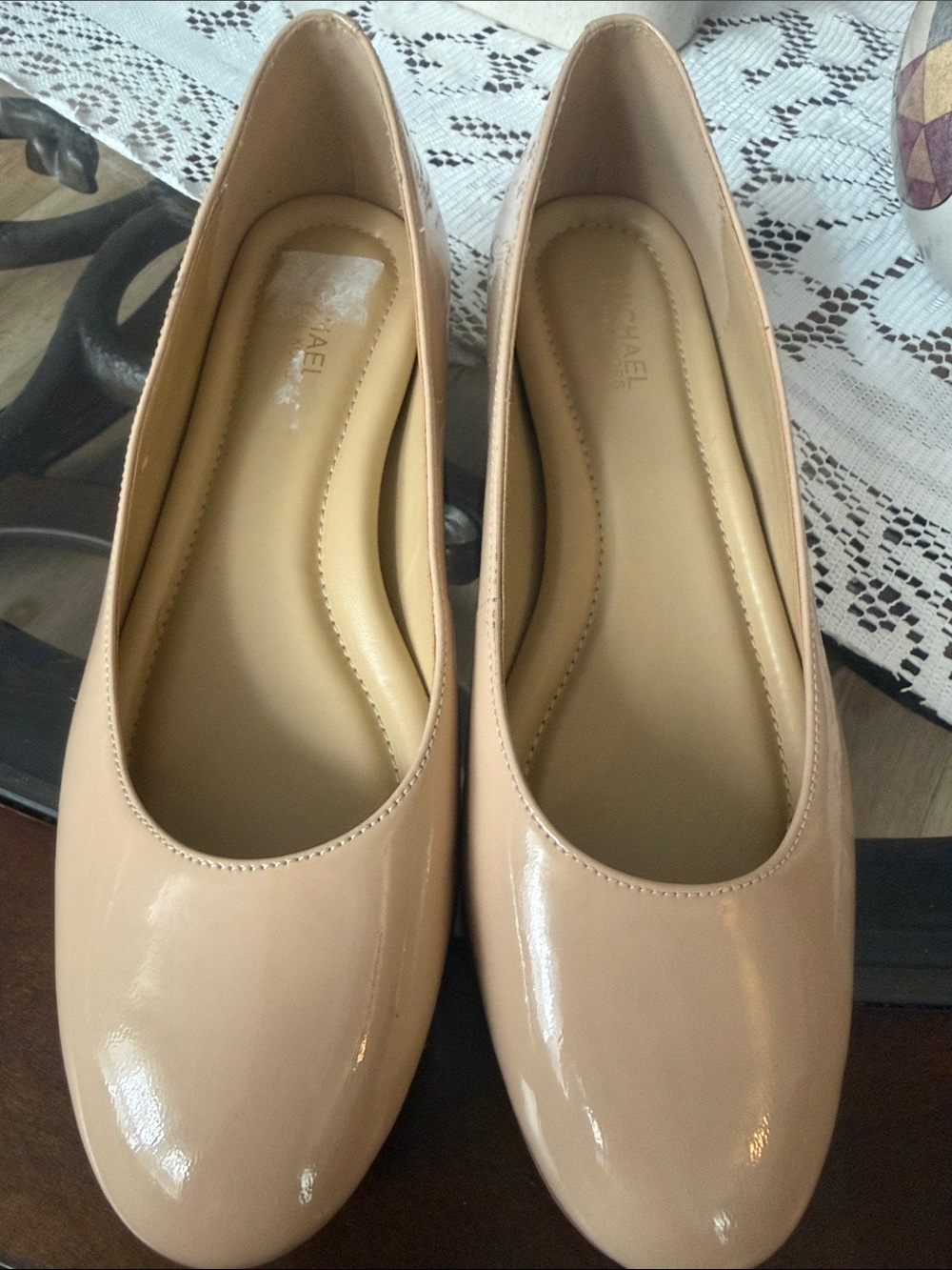 Michael Kors Beige Patent Leather Round-Toe Ballet Flats